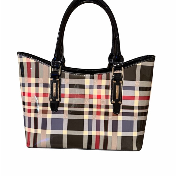 Boutique Handbags - Patent Leather Plaid Fashion Tote Bag with Crossbody Strap